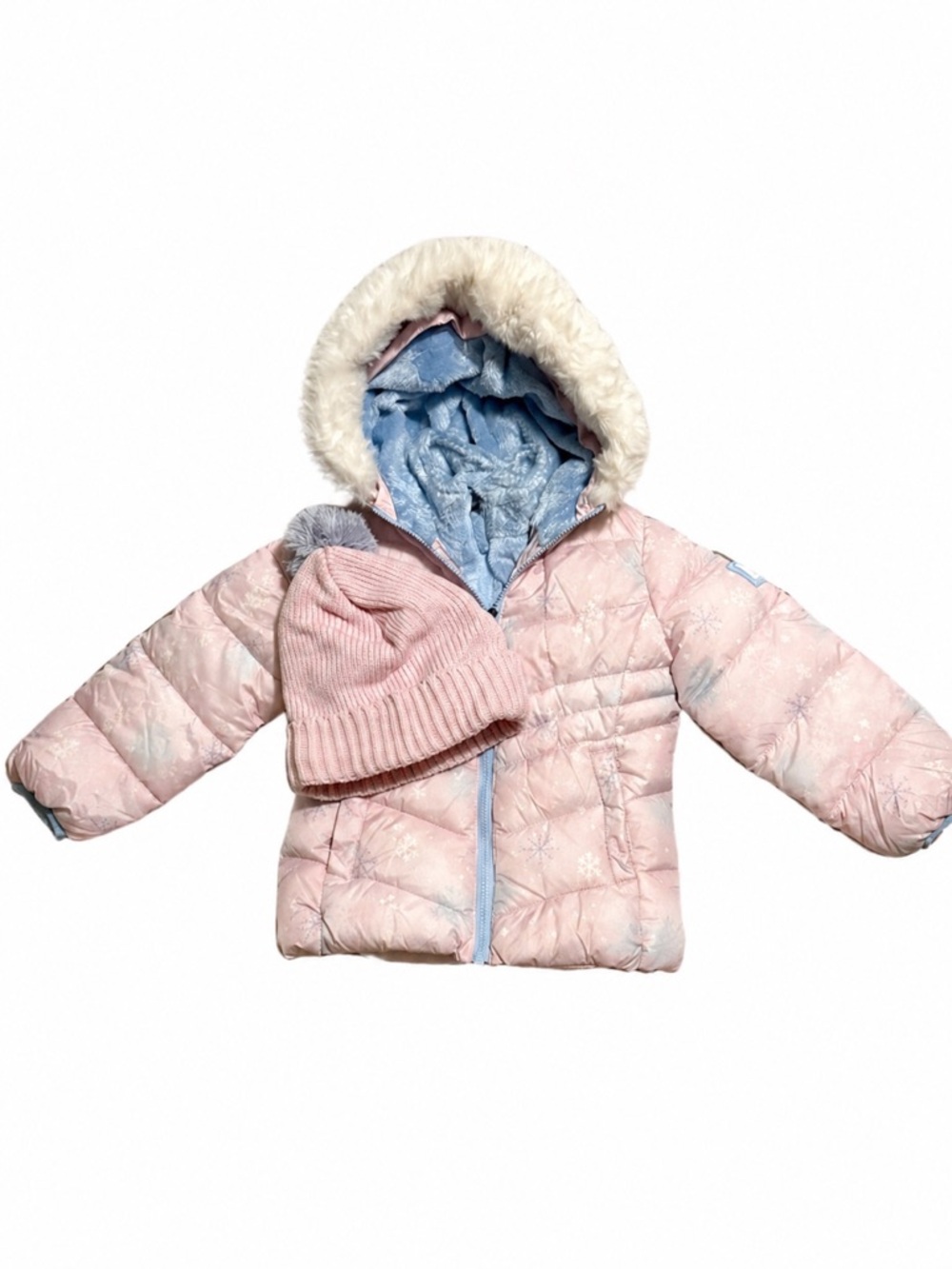 Snozu Kids 4T Pink Snowflake Detachable Hood Puffer Coat Hat Girls Winter Wear